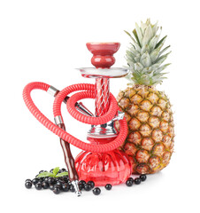 Red traditional hookah, pineapple, black currants and mint isolated on white
