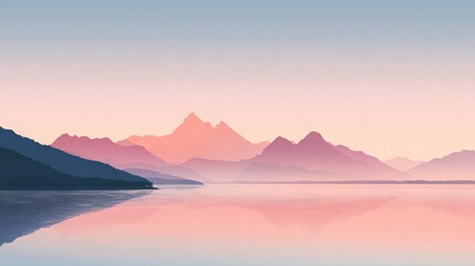 Obraz premium A mountain range is mirrored in the placid water of a lake with a rosy and azure sky overhead