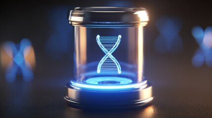 Glowing digital DNA double-helix structure suspended in tall cylindrical transparent glass container with dark base and top, set against deep blue background.