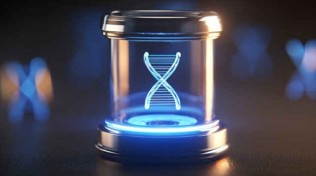Glowing digital DNA double-helix structure suspended in tall cylindrical transparent glass container with dark base and top, set against deep blue background. - Powered by Adobe