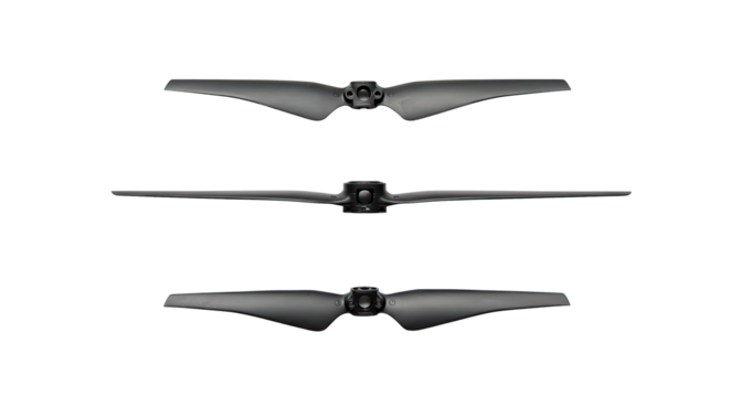 Three drone propellers are displayed in front of a black backdrop, highlighting their sleek design and structure.