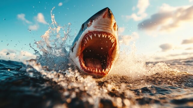 A stunning close-up of a great white shark leaping out of the water, showcasing its powerful jaws and dynamic movements against a picturesque backdrop of the ocean.