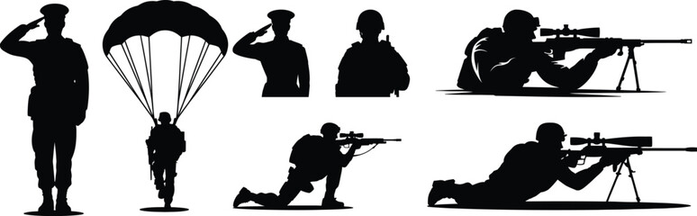 Action silhouette vector of military soldier including parachute jump, sniper aiming and combat salute