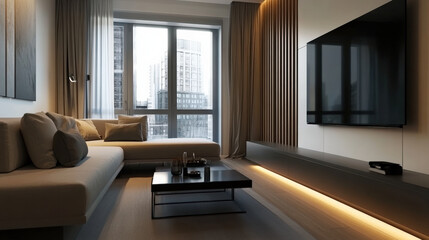 Modern and airy small living room featuring sleek design with white sofa, elegant curtains, and minimalist coffee table. space exudes sophistication and comfort, perfect for relaxation