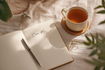 Cozy flat lay of notebook open to “Dear Me” with pen, tea mug, and plant