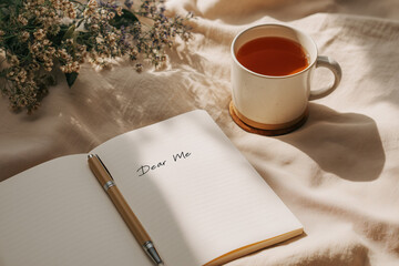 Cozy flat lay of notebook open to &ldquo;Dear Me&rdquo; with pen, tea mug, and plant