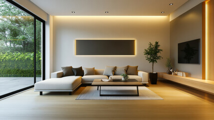 Modern artistic contemporary living room featuring spacious layout, elegant furniture, and natural light streaming through large windows, creating warm and inviting atmosphere
