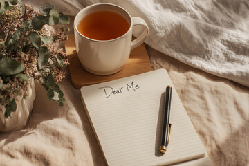 Cozy flat lay of notebook open to &ldquo;Dear Me&rdquo; with pen, tea mug, and plant