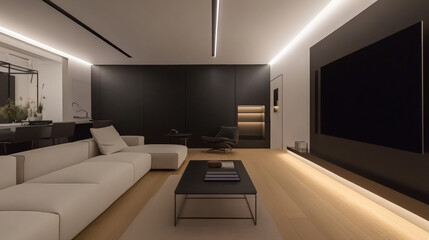 Modern artistic contemporary living room featuring sleek design with high end sofa, minimalist decor, and warm wooden flooring. space exudes elegance and comfort, perfect for relaxation