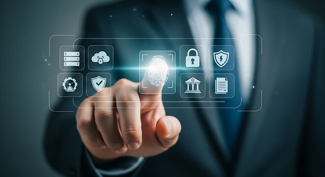 Business professional using fingerprint identification for digital security and data protection access