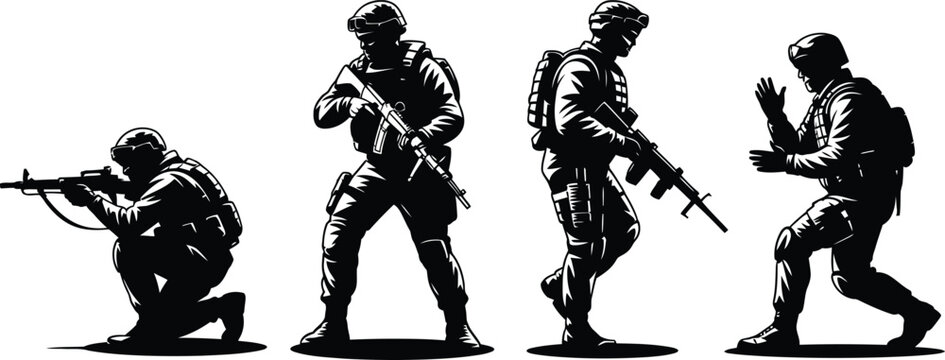 Military character silhouette vector mix of paratrooper, soldier saluting, and armor-wearing rifleman