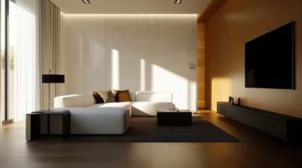 Bright airy modern living space with high end design featuring white sectional sofa, dark wood accents, and large windows allowing natural light to fill room