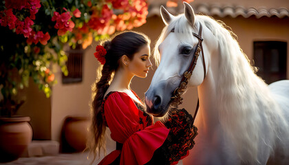 Spanish woman wearing a traditional crimson flamenco dress with intricate black lace next to a majestic white Andalusian stallion