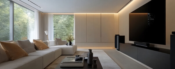 Bright and elegant living room with minimalist decor, featuring spacious layout, large windows, and modern furnishings that create serene atmosphere