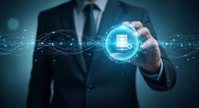 Businessman presenting data server icon representing cloud computing and data storage concept - Powered by Adobe