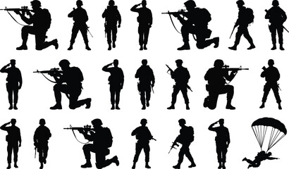 Massive silhouette vector collection of 20 soldier poses including saluting, aiming, and walking uniformed men