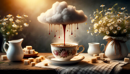 A delicate porcelain coffee cup with an intricate floral pattern sits elegantly on a rustic wooden table, surrounded by scattered sugar cubes, a vintage milk jug, and a vase of fresh wildflowers. A wh