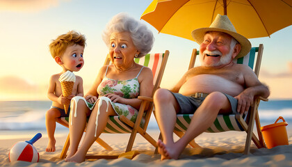 Grandparents are at the beach with their grandson. The grandmother looks shocked because her legs are covered in melted ice. The grandfather laughs about it.