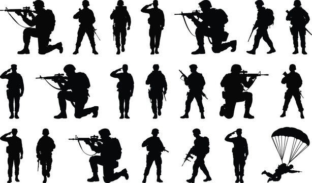 Massive silhouette vector collection of 20 soldier poses including saluting, aiming, and walking uniformed men