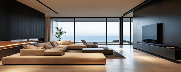 Modern double height living room featuring chic design with large windows offering stunning ocean view. space is elegantly furnished with cozy sectional sofa and minimalist decor, creating serene