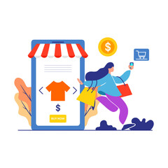Flat Illustration of Woman Shopping with Smartphone for Business