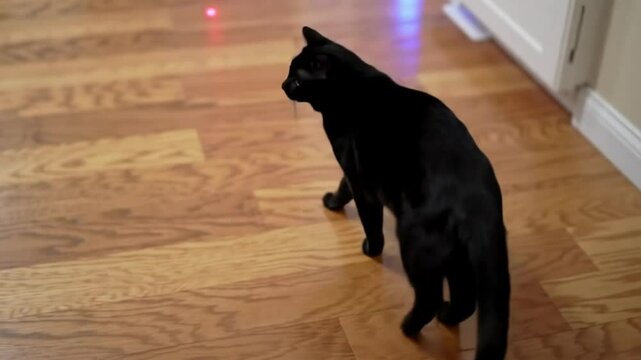 Black cat chasing laser pointer on wooden flo