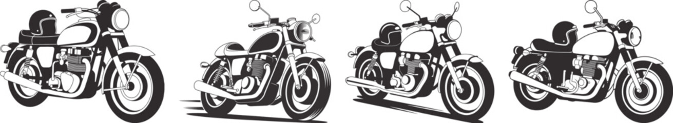 Collection of four classic motorcycle silhouette vector designs with helmet and street bike detail