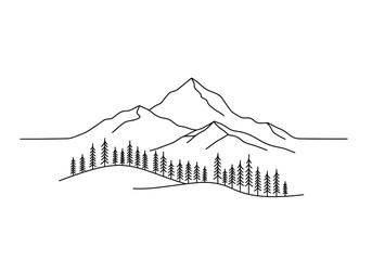 Mountain with trees drawing. It is a vector sketch line art drawing of mountains and a forest of pine trees, symbolizing nature and wilderness. Vector sketch line art draw.