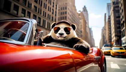 A giant panda wearing round retro sunglasses and a baseball cap sits casually in a crimson convertible sports car.