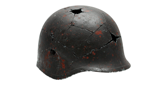A damaged military helmet, displaying battle scars and history on a dark background.