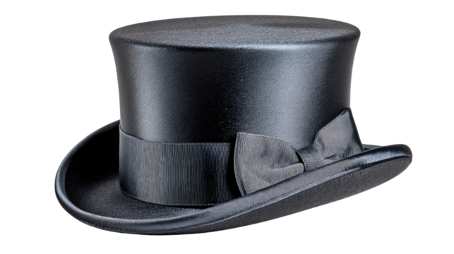 Black Top Hat with Ribbon: A classic black top hat with a sleek satin finish and a coordinating ribbon.  Elegant and sophisticated, perfect for formal occasions or themed events.
