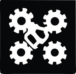 Abstract geometric pattern featuring four interlocking white gears arranged in a square formation against a solid black background