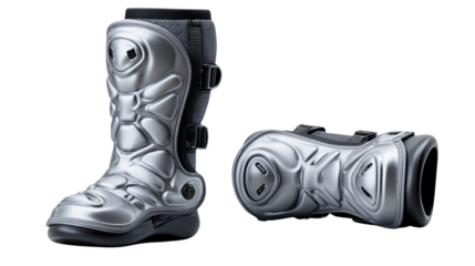 Futuristic Silver Armor: Display of advanced, metallic leg armor with sleek design and high-tech features.