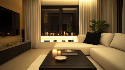 Contemporary cozy living room featuring stylish sofa, soft lighting, and decorative candles creates warm and inviting atmosphere. elegant design is complemented by touch of greenery