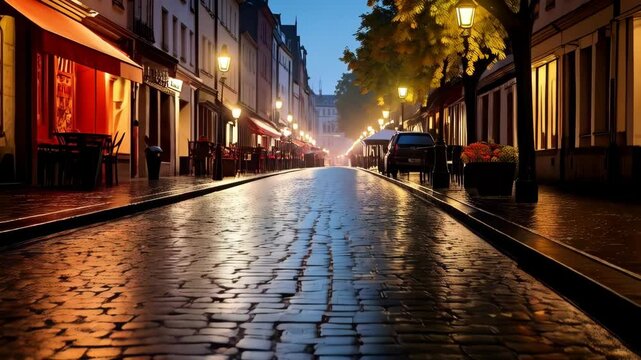 Street view with buildings, cobblestone road, and street lamps under a night sky in an urban environment with vehicles and shops