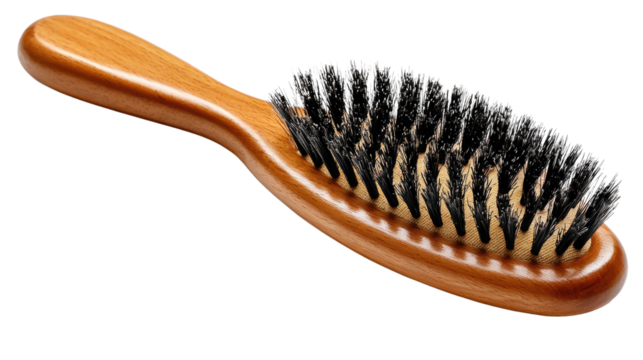 Wooden Hair Brush: A close-up studio shot of a wooden hair brush, with its natural wooden handle and dark bristles, offering a visual of personal grooming tools.