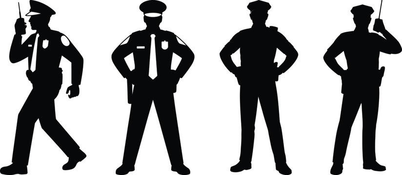 Police officer silhouette vector set with four male law enforcement characters in uniform and gear