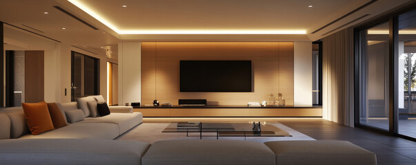 Modern contemporary living room featuring stylish sectional sofa, warm ambient lighting, and sleek entertainment unit. space exudes comfort and elegance, perfect for relaxation and social
