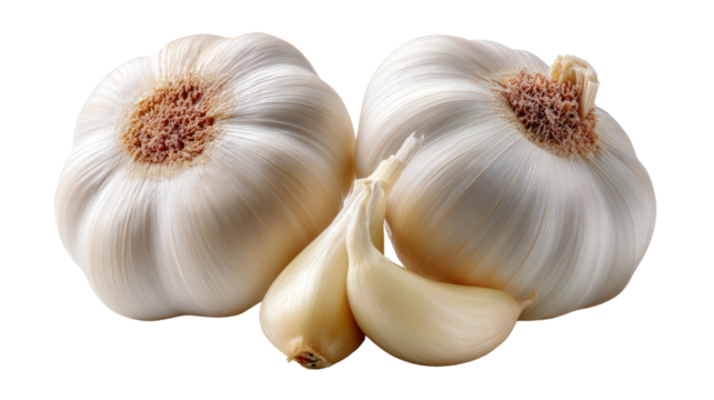 Garlic cloves closeup: This vibrant close-up showcases a pair of garlic bulbs, paired with fresh garlic cloves, ready to add flavor and zest to your culinary creations.