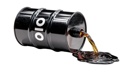 Oil Barrel Spill: A black oil barrel, resting on its side, leaks crude oil, creating a puddle, which is a symbol of industry, energy, and environmental concerns.