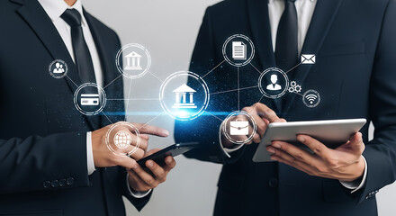Business professionals using mobile devices with digital banking and financial technology icons