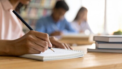 Focused Learning: Close-up of hands meticulously writing in a notebook amidst a focused group, in a calm study environment, capturing the essence of academic diligence and concentration.