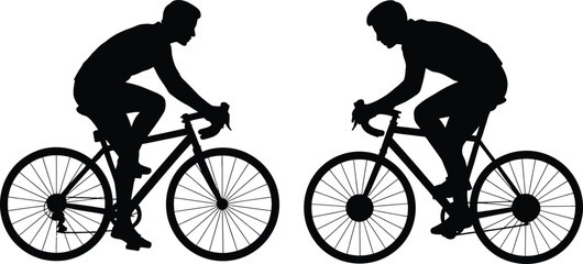 Fototapeta premium Silhouette vector illustration of two cyclists riding road bikes side by side in dynamic posture
