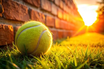 A tennis ball rests on the grass near a brick wall at sunset
