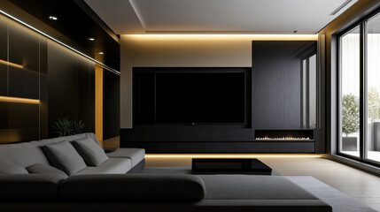 Contemporary yet cozy living area featuring large TV, sleek furniture, and warm lighting. space exudes modern aesthetic, perfect for relaxation and entertainment