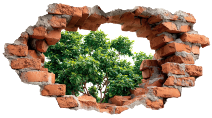 Reaching the Green: A hole in the brick wall reveals a vibrant view of flourishing greenery, creating a symbolic contrast of destruction and growth. 