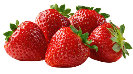 Berry Bounty: A close-up showcases five fresh, vibrant strawberries, each a perfect jewel of nature, inviting indulgence with their rich red hue and tempting green leaves.