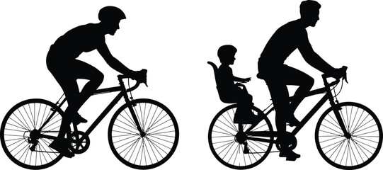 Obraz premium Silhouette vector of father cycling with child in seat and man cyclist riding on road bike