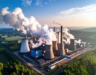 Aerial view of a power plant complex emitting thick smoke