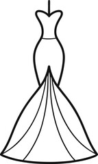 Line art of an elegant evening gown with wide hem and flared skirt.

